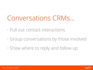 The 35 Best CRMs
• Pull out contact interactions
• Group conversations by those involved
• Show where to reply and follow up
Conversation CRMs…
 