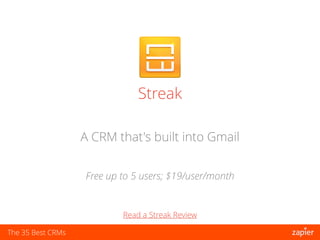The 35 Best CRMs
Streak
Free up to 5 users; $19/user/month
A CRM that's built into Gmail
Read a Streak Review
 