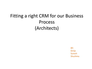 Fitting a right CRM for our Business
Process
(Architects)
BY:
Girija
Suresh
Shushma
 