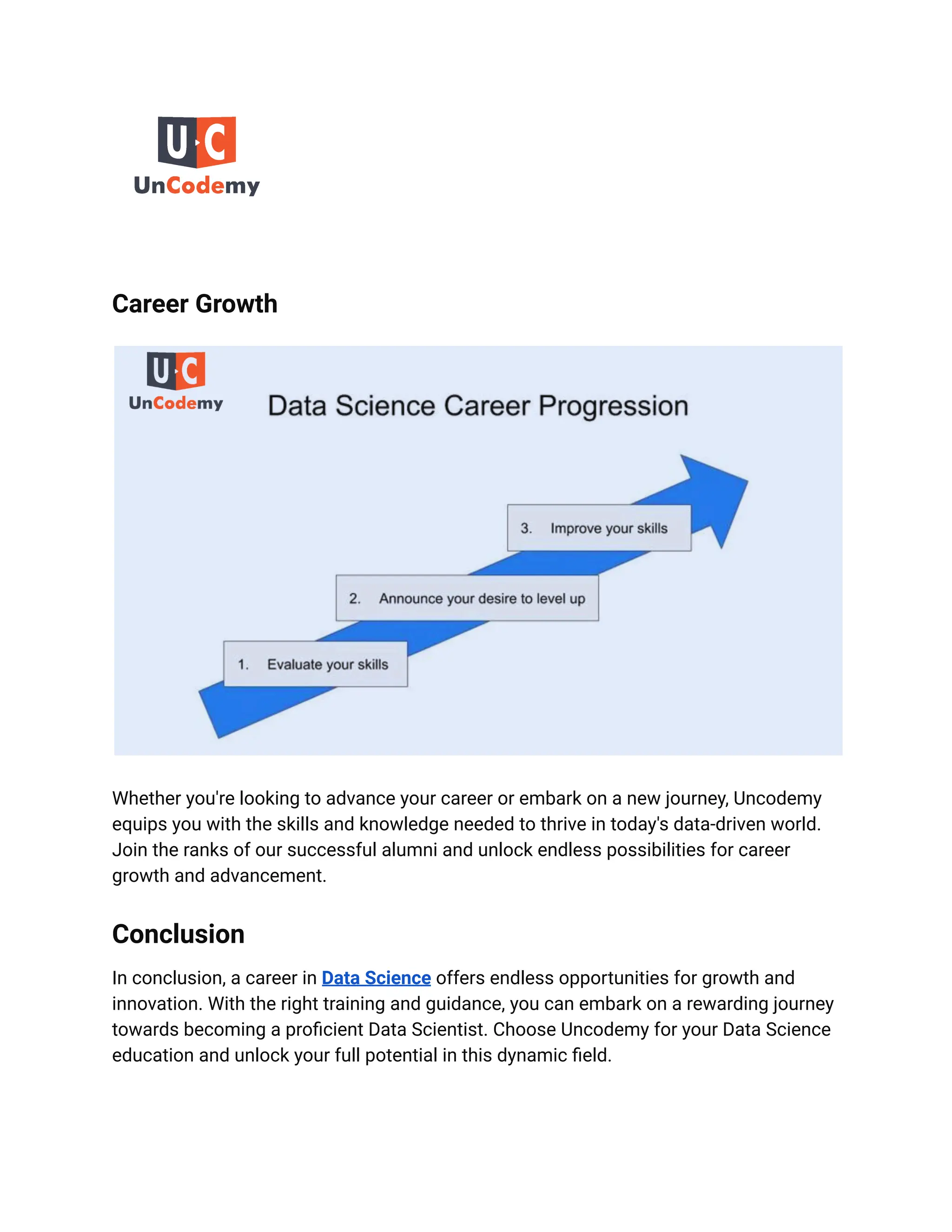 Career Growth
Whether you're looking to advance your career or embark on a new journey, Uncodemy
equips you with the skills and knowledge needed to thrive in today's data-driven world.
Join the ranks of our successful alumni and unlock endless possibilities for career
growth and advancement.
Conclusion
In conclusion, a career in Data Science offers endless opportunities for growth and
innovation. With the right training and guidance, you can embark on a rewarding journey
towards becoming a proficient Data Scientist. Choose Uncodemy for your Data Science
education and unlock your full potential in this dynamic field.
 