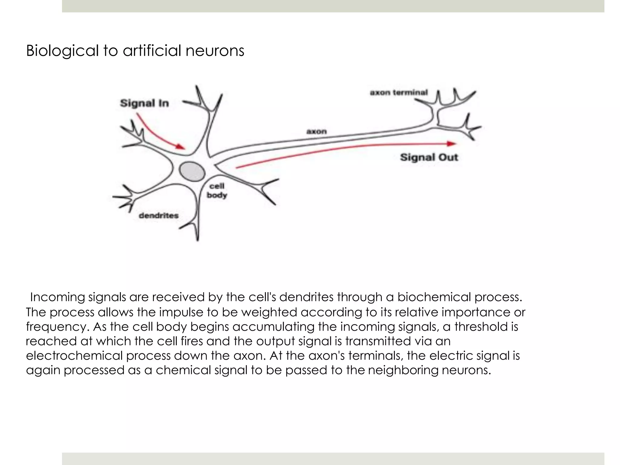 Biological to artificial neurons
Incoming signals are received by the cell's dendrites through a biochemical process.
The process allows the impulse to be weighted according to its relative importance or
frequency. As the cell body begins accumulating the incoming signals, a threshold is
reached at which the cell fires and the output signal is transmitted via an
electrochemical process down the axon. At the axon's terminals, the electric signal is
again processed as a chemical signal to be passed to the neighboring neurons.
 