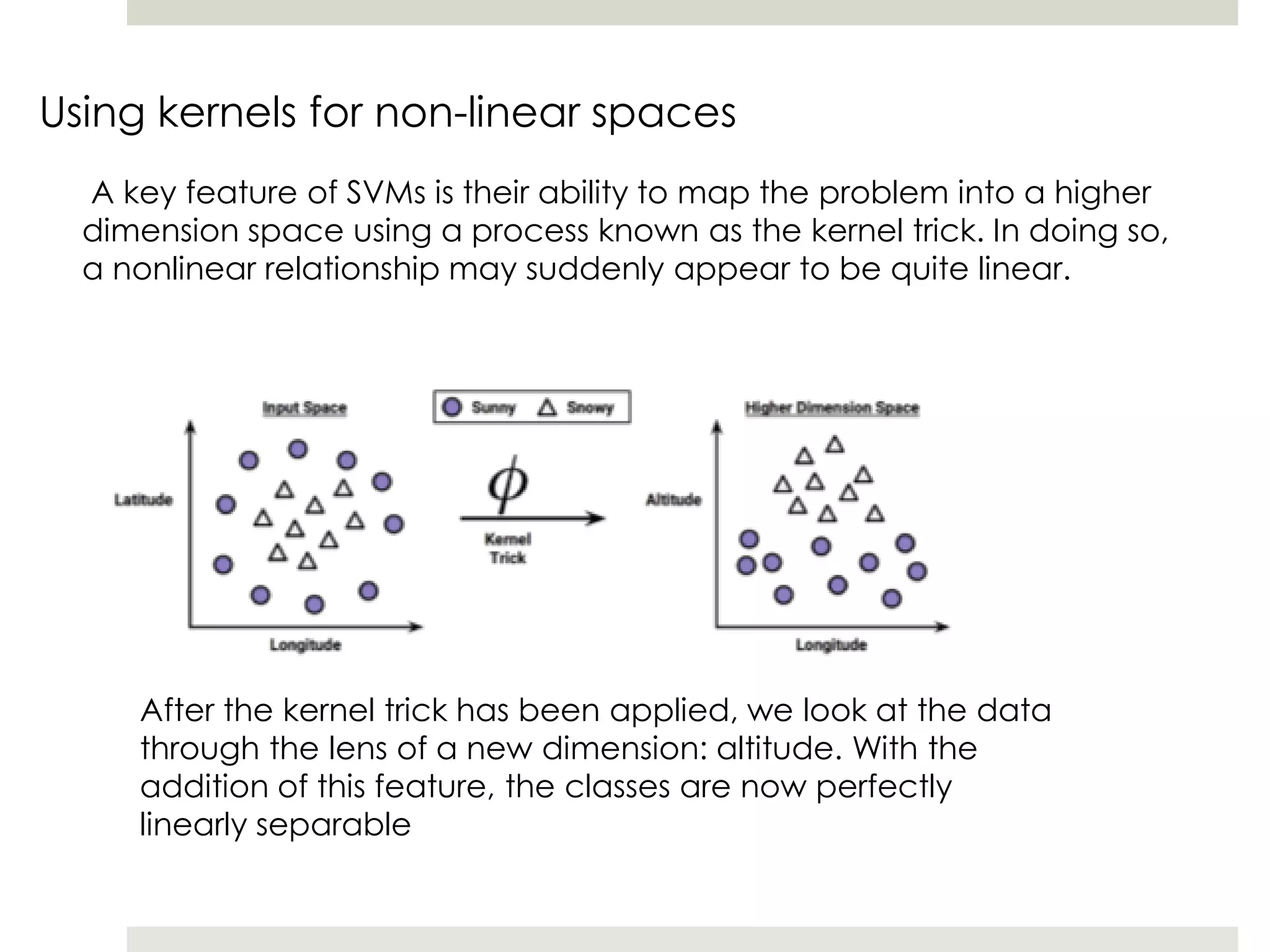 Using kernels for non-linear spaces
A key feature of SVMs is their ability to map the problem into a higher
dimension space using a process known as the kernel trick. In doing so,
a nonlinear relationship may suddenly appear to be quite linear.
After the kernel trick has been applied, we look at the data
through the lens of a new dimension: altitude. With the
addition of this feature, the classes are now perfectly
linearly separable
 