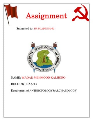 Assignment
Submitted to: SIR SALMAN DAHRI
NAME: WAQAR MEHMOOD KALHORO
ROLL: 2K19/AA/43
Department of ANTHROPOLOGY&ARCHAEOLOGY
 