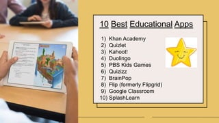 10 Best Educational Apps
1) Khan Academy
2) Quizlet
3) Kahoot!
4) Duolingo
5) PBS Kids Games
6) Quizizz
7) BrainPop
8) Flip (formerly Flipgrid)
9) Google Classroom
10) SplashLearn
 