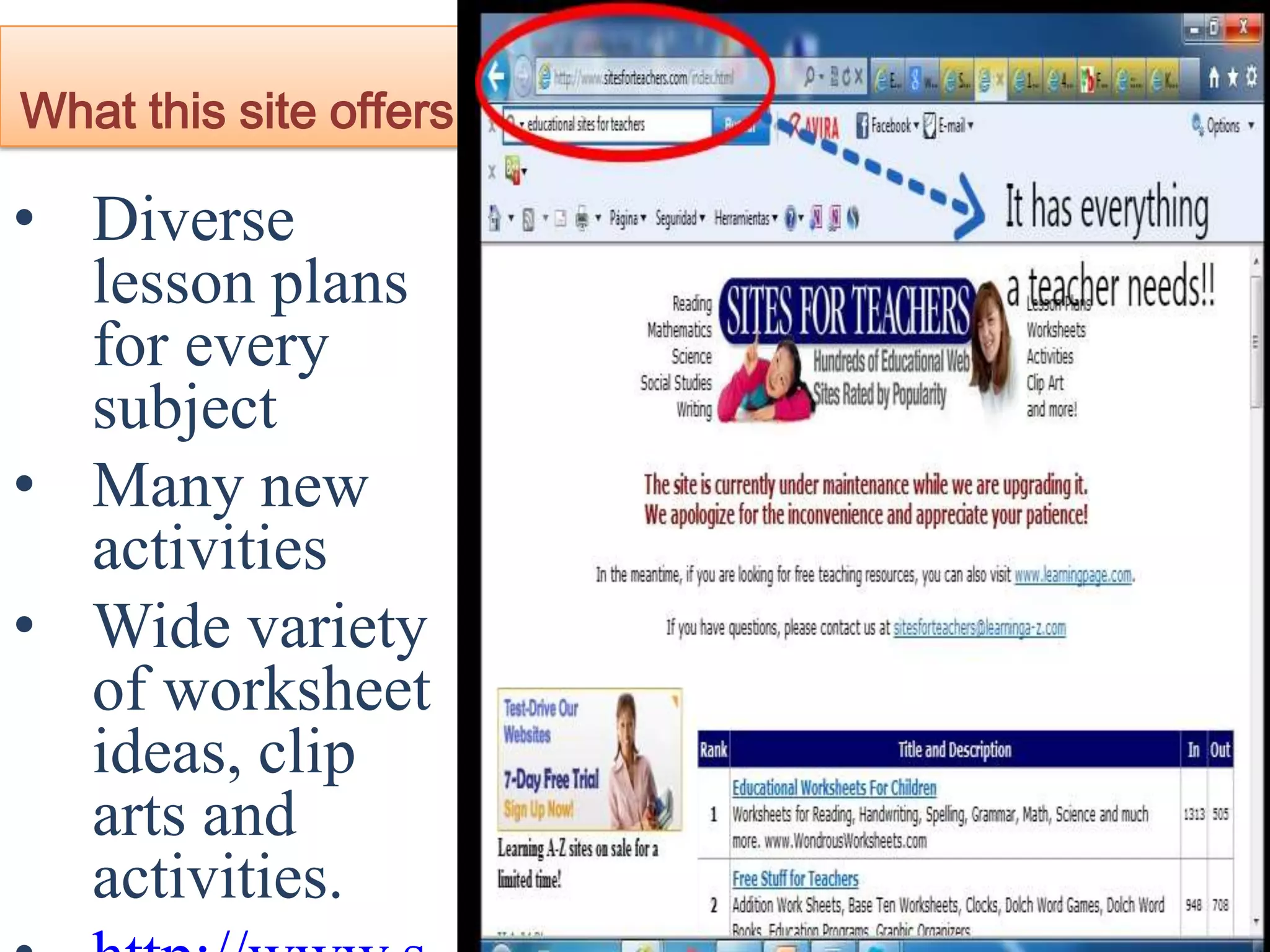 What this site offers
• Diverse
lesson plans
for every
subject
• Many new
activities
• Wide variety
of worksheet
ideas, clip
arts and
activities.
 