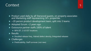 What doesn’t work?
 Co-located team
 Self-organizing team
 Flat, cross-functional team
 Neutral Scrum Master
5
 