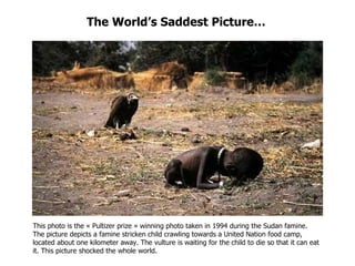 The World’s Saddest Picture… This photo is the « Pultizer prize » winning photo taken in 1994 during the Sudan famine.  The picture depicts a famine stricken child crawling towards a United Nation food camp, located about one kilometer away. The vulture is waiting for the child to die so that it can eat it. This picture shocked the whole world. 