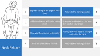 Neck Relaxer
Begin by sitting at the edge of your
chair
Hold arm outward with palm facing
down
Drop your head slowly to the right
Hold the stretch for 5 seconds
Return to the starting position
Drop your head down so that your
chin touches your chest
Gently rock your head to the light
and roll to the right
Return to the starting position
1
2
3
4
5
6
7
8
 