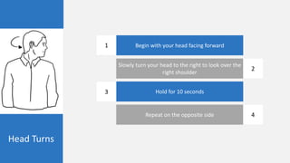 Head Turns
Begin with your head facing forward
Slowly turn your head to the right to look over the
right shoulder
Hold for 10 seconds
Repeat on the opposite side
1
2
3
4
 