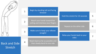 Back and Side
Stretch
Begin by standing tall and facing
forward
Reach your hands toward the
ceiling and interlace your fingers
Make sure to keep your elbows
straight!
Reach back as far as possible and
then slowly bend to one side
Hold the stretch for 10 seconds
Repeat on the other side
Relax your hands back to your
sides
1
2
3
4
5
6
7
 