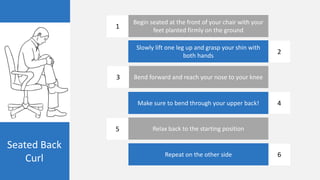 Seated Back
Curl
Begin seated at the front of your chair with your
feet planted firmly on the ground
Slowly lift one leg up and grasp your shin with
both hands
Bend forward and reach your nose to your knee
Make sure to bend through your upper back!
Relax back to the starting position
1
2
3
4
5
Repeat on the other side 6
 