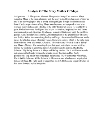Analysis Of The Story Mother Of Maya
Assignment 1: 1. Marguerite Johnson: Marguerite changed her name to Maya
Angelou. Maya is the main character and the story is told from her point of view as
this is an autobiography. She is a very intelligent girl, though she often isolates
herself and escapes into reading. Maya soon becomes an independent and wise
woman. Bailey Johnson Jr. : Bailey is the older brother of Maya. He is older by a
year. He is mature and intelligent like Maya. He tends to be protective and shows
compassion towards his sister. He chooses to control his temper until the problem
passes. Annie Henderson/Momma: Annie Henderson is the grandmother of Maya
and Bailey. When she was raising Bailey and Maya, she was called Momma, as she
raises the children under Christian values. She owns a store, which is the only store
located in the town of Stamps, Arkansas. Vivian Baxter: Vivian Baxter is Bailey
and Maya s Mother. She a nursing degree but tends to tends to earn most of her
money by working in gambling parlors. She also likes to gamble. Big Bailey
Johnson: Big Bailey Johnson is Maya and Bailey s father. He is selfish and stands
out among other blacks because he speaks proper English and has flashy
possessions. Big Bailey has no respect, never cared for, or connected with Maya.
Uncle Willie Johnson: Willie Johnson is Momma s son, who became impaired at
the age of three. His right hand is larger than his left. He became impaired when he
had been dropped by his babysitter.
 