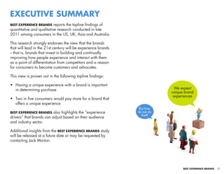EXECUTIVE SUMMARY
BEST EXPERIENCE BRANDS     reports the topline findings of
quantitative and qualitative research conduct...