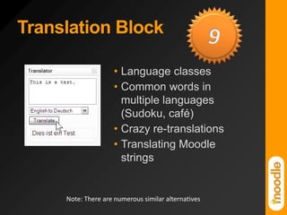 Translation Block9Language classesCommon words in multiple languages (Sudoku, café)Crazy re-translationsTranslating Moodle stringsNote: There are numerous similar alternatives