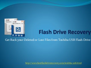 Get Back your Deleted or Lost Files from Toshiba USB Flash Drive
http://www.bestflashdriverecovery.com/toshiba-usb.html
 