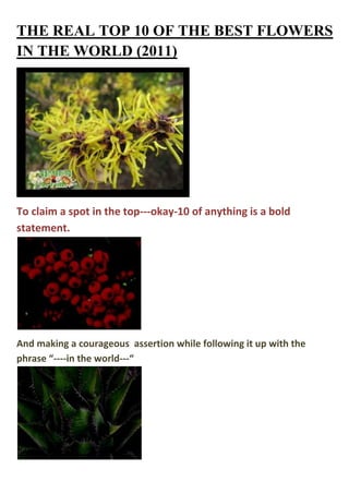THE REAL TOP 10 OF THE BEST FLOWERS
IN THE WORLD (2011)

To claim a spot in the top---okay-10 of anything is a bold
statement.

And making a courageous assertion while following it up with the
phrase “----in the world---“

 