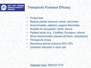 Therapeutic Footwear Efficacy
• Protect feet
• Reduce plantar pressure, shock, and shear
• Accommodate, stabilize, support deformities
• Suitable for occupation, home, leisure
• Padded socks (e.g., CoolMax, Duraspun, others)
• Shoe inserts/insoles (closed-cell foam, viscoelastic)
• Therapeutic shoes
• Decreases plantar pressure 50%-70%
• Uncertain reduction in ulcer rate
Diabetes Care. 2004;27:1774
 