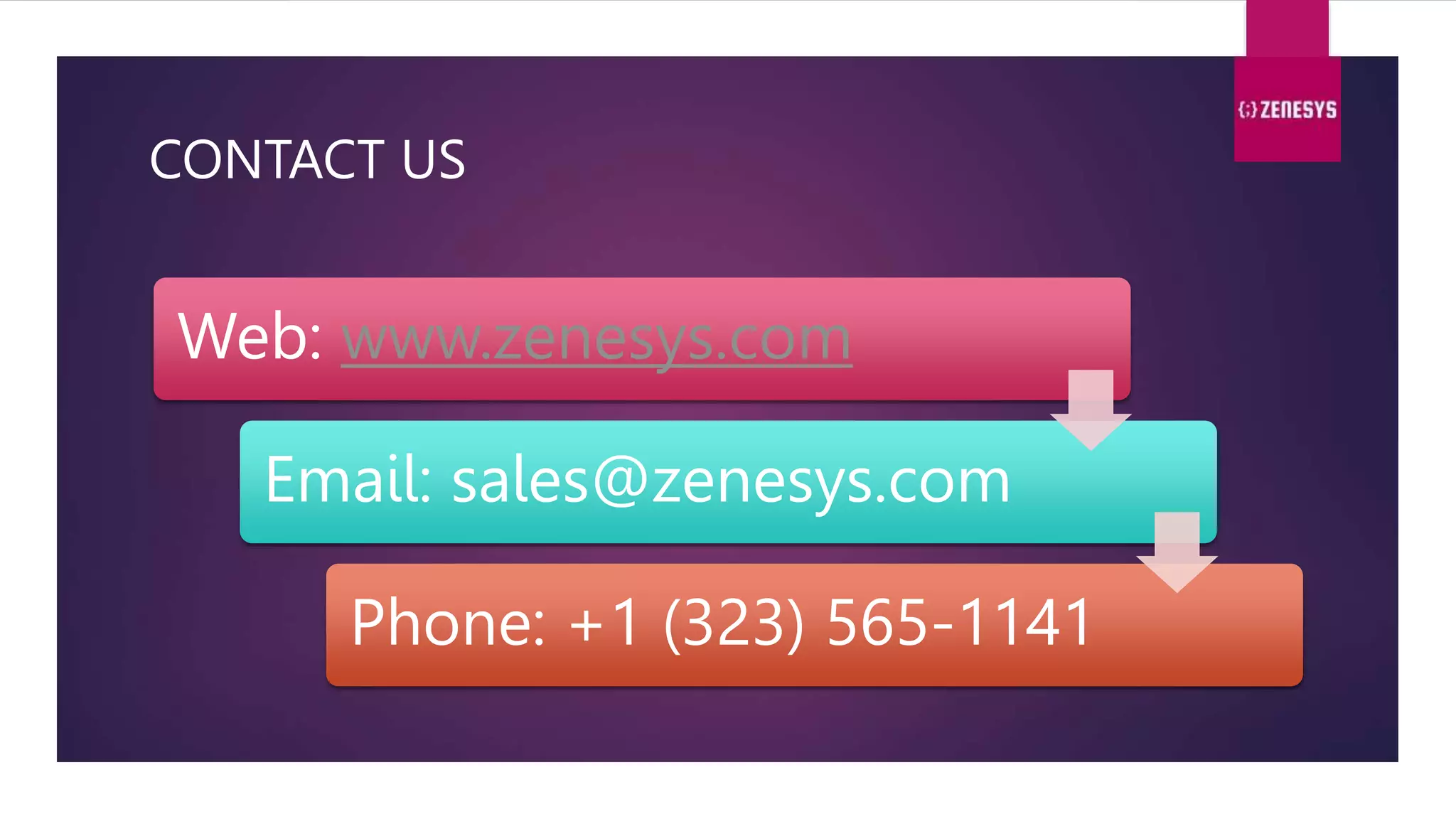 CONTACT US
Web: www.zenesys.com
Email: sales@zenesys.com
Phone: +1 (323) 565-1141
 