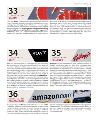 BEST GLOBAL BRANDS 200100 / 21




  33
   11,485 $m          + 10%
   CANON
Since 1933, Canon has maintained its leading position in the global        Association (PGA), National Football League (NFL), Major League
camera market and expanded into imaging solutions with its focus on        Baseball (MLB) and U.S. Open Tennis. As Canon’s social media presence
creating unique technology. The brand has focused on reinforcing its       proves, its fans are loyal – it has a huge following on Twitter, blogs
corporate citizenship initiative with an environmental vision centered     and Flickr group pages, which appear to be generated entirely by
around its philosophy of "achieving growth and development, while          brand loyalists, rather than the company itself. Although its brand is
contributing to the prosperity of the world and the happiness of           loved around the globe, it suffers from a fragmented and inconsistent
humankind." In the U.S., Canon sponsored a wide range of sports            worldwide product portfolio and brand strategy that likely cause
organizations, events and programs, including the Professional Golf        inefficiencies in the brand and business management.




  34
   11,356 $m          - 5%
                                                                             35
                                                                              11,041 $m          + 6%
   SONY                                                                       KELLOGG’S
Sony, the premier provider of networked consumer electronics               Kellogg’s is arguably the best-known brand in breakfast products. It
and entertainment, is becoming increasingly efficient, agile and           is clearly committed to brand, as it is one of the top 50 advertising
innovative – although it still faces steep competition from Samsung.       spenders, according to Advertising Age. However, with the continued
The business has been negatively impacted by the appreciation of the       economic pressure and resulting dip in sales last year, there is evidence
yen and the recession’s impact on customers’ purchase patterns, but        that some consumers may be trading down – making price more
Sony continues to differentiate itself from other consumer electronic      relevant than brand in the categories in which Kellogg’s competes.
companies through functional value and outstanding design. In              The Kellogg’s tone of voice can be a bit whimsical at times as it targets
September 2009 Sony launched the brand message “Make.Believe,”             most of its advertising toward young families. Despite this, it does not
which aims at uniting Sony’s communication efforts across its diverse      lose track of the desire to push the nutritional aspects of its products.
product portfolio. The intent is to provide a single face for the brand    Kellogg’s is using social media to raise awareness of the growing
and convey Sony's role to the world. Sony also showed its corporate        hunger epidemic in the U.S. and elsewhere through a partnership
commitment to reducing global greenhouse gas emissions by seven            with Katalyst, Ashton Kutcher’s social media studio. Kellogg’s succeeds
percent in 2010. This year it introduced energy-efficient products such    in raising money through Facebook for organizations like Feeding
as the BRAVIA V5; it claims that the power consumption of the 40- and      America, and other campaigns as well.
46-inch models are the lowest in the market.




  36
   9,665 $m           + 23%
   AMAZON.COM
It was a great year for Amazon.com. Although it saw new Kindle             Amazon.com’s bargaining power (as evident in the latest agreement
competitors this year, it still retains roughly 90 percent of the e-book   between Simon & Schuster and HarperCollins on the pricing of
market. Similarly, it continued to beneﬁt from the recession, as           electronic books). Surprisingly enough, the leading online retailer
customers continued to bargain shop online. Still, despite signiﬁcant      has a minimal social media presence and virtually no corporate
growth, the brand is likely to experience challenges in the years to       citizenship practice.
come. Its Kindle faces growing competition and which is lowering
 