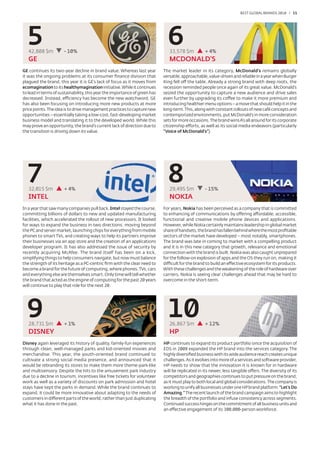 BEST GLOBAL BRANDS 200100 / 15




  542,808 $m          - 10%
                                                                              633,578 $m           + 4%
   GE                                                                          MCDONALD’S
GE continues its two-year decline in brand value. Whereas last year         The market leader in its category, McDonald’s remains globally
it was the ongoing problems at its consumer ﬁnance division that            versatile, approachable, value-driven and reliable in a year when Burger
plagued the brand, this year it is GE’s lack of focus as it moves from      King fell off the table. Already a strong brand with deep roots, the
ecomagination to its healthymagination initiative. While it continues       recession reminded people once again of its great value. McDonald’s
to lead in terms of sustainability, this year the importance of green has   seized the opportunity to capture a new audience and drive sales
decreased. Instead, efficiency has become the new watchword. GE             even further by upgrading its coffee to make it more premium and
has also been focusing on introducing more new products at more             introducing healthier menu options – a move that should help it in the
price points. The idea is to drive management practices to capture new      long-term. This, along with constant rollouts of new café concepts and
opportunities – essentially taking a low-cost, fast-developing market       contemporized environments, put McDonald’s in more consideration
business model and translating it to the developed world. While this        sets for more occasions. The brand wins A’s all around for its corporate
may prove an opportunity, the brand’s current lack of direction due to      citizenship efforts, as well as its social media endeavors (particularly
the transition is driving down its value.                                   “Voice of McDonald’s”).




  732,015 $m          + 4%
                                                                              829,495 $m           - 15%
   INTEL                                                                       NOKIA
In a year that saw many companies pull back, Intel stayed the course,       For years, Nokia has been perceived as a company that is committed
committing billions of dollars to new and updated manufacturing             to enhancing of communications by offering affordable, accessible,
facilities, which accelerated the rollout of new processors. It looked      functional and creative mobile phone devices and applications.
for ways to expand the business in two directions: moving beyond            However, while Nokia certainly maintains leadership in global market
the PC and server market, launching chips for everything from mobile        share of handsets, the brand has fallen behind where the most proﬁtable
phones to smart TVs, and creating ways to help its partners improve         sectors of the market have developed – most notably, smartphones.
their businesses via an app store and the creation of an applications       The brand was late in coming to market with a compelling product
developer program. It has also addressed the issue of security by           and it is in this new category that growth, relevance and emotional
recently acquiring McAfee. The brand itself has been on a kick,             connection with the brand is built. Nokia was also caught unprepared
simplifying things to help consumers navigate, but now must balance         for the follow-on explosion of apps and the OS they run on, making it
the strength of its heritage as a PC-centric ﬁrm with the clear need to     difficult for the brand to build an effective ecosystem for its products.
become a brand for the future of computing, where phones, TVs, cars         With these challenges and the weakening of the role of hardware over
and everything else are themselves smart. Only time will tell whether       carriers, Nokia is seeing clear challenges ahead that may be hard to
the brand that acted as the engine of computing for the past 20 years       overcome in the short-term.
will continue to play that role for the next 20.




  928,731 $m          + 1%
                                                                              10
                                                                               26,867 $m           + 12%
   DISNEY                                                                      HP
Disney again leveraged its history of quality, family-fun experiences       HP continues to expand its product portfolio since the acquisition of
through clean, well-managed parks and kid-oriented movies and               EDS in 2008 expanded the HP brand into the services category. The
merchandise. This year, the youth-oriented brand continued to               highly diversiﬁed business with its wide audience reach creates unique
cultivate a strong social media presence, and announced that it             challenges. As it evolves into more of a services and software provider,
would be rebranding its stores to make them more theme-park-like            HP needs to show that the innovation it is known for in hardware
and multisensory. Despite the hits to the amusement park industry           will be replicated in its newer, less tangible offers. The diversity of its
due to a decline in tourism, incentives like free tickets for volunteer     competitors and geographies continues to put pressure on the brand,
work as well as a variety of discounts on park admission and hotel          as it must play to both local and global considerations. The company is
stays have kept the parks in demand. While the brand continues to           working to unify all businesses under one HP brand platform: “Let’s Do
expand, it could be more innovative about adapting to the needs of          Amazing.” The recent launch of the brand campaign aims to highlight
customers in different parts of the world, rather than just duplicating     the breadth of the portfolio and infuse consistency across segments.
what it has done in the past.                                               Continued success hinges on the commitment of all business units and
                                                                            an effective engagement of its 300,000-person workforce.
 