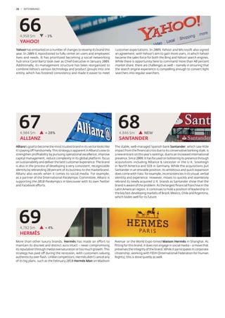 28 / INTERBRAND




  66
   4,958 $m           - 3%
   YAHOO!
Yahoo! has embarked on a number of changes to revamp its brand this         customer expectations. In 2009, Yahoo! and Microsoft also signed
year. In 2009 it repositioned to fully center on users and employees’       an agreement, with Yahoo!’s aim to gain more users, in which Yahoo!
lives and needs. It has prioritized becoming a social networking            became the sales force for both the Bing and Yahoo! search engines.
hub since Carol Bartz took over as Chief Executive in January 2009.         While there is opportunity here to command more than 40 percent
Additionally, its management structure has been reorganized to              market share, there are challenges as well – namely in ensuring that
combine Yahoo’s various technology and product groups into one              the search engine experience is compelling enough to convert light
entity, which has fostered consistency and made it easier to meet           searchers into regular searchers.




  67
   4,904 $m           + 28%
                                                                              68
                                                                               4,846 $m           NEW
   ALLIANZ                                                                     SANTANDER
Allianz’s goal to become the most trusted brand in its sector looks like    The stable, well-managed Spanish bank Santander, which saw little
it’s paying off handsomely. This strategy is apparent in Allianz’s vow to   impact from the ﬁnancial crisis due to its conservative banking style, is
strengthen proﬁtability by pursuing operational excellence, improve         a new entrant on this year’s rankings, due to an increased international
capital management, reduce complexity in its global platform, focus         presence. Since 2008, it has focused on bolstering its presence through
on sustainability and deliver the best customer experience. The brand       acquisitions including Alliance & Leicester in the U.K, Sovereign
is also in the process of developing a very consistent, recognizable        in North America and SEB in Germany. While the acquisitions put
identity by rebranding 20 percent of its business to the masterbrand.       Santander in an enviable position, its ambitious and quick expansion
Allianz also excels when it comes to social media. For example,             does come with risks: for example, inconsistencies in its visual, verbal
as a partner of the International Paralympic Committee, Allianz is          identity and experience. However, moves to quickly and seamlessly
supporting the 2010 Paralympics in Vancouver with its own Twitter           rebrand its newly acquired U.K. brands as Santander show that the
and Facebook efforts.                                                       brand is aware of the problem. As the largest ﬁnancial franchise in the
                                                                            Latin American region, it continues to hold a position of leadership in
                                                                            the key fast-developing markets of Brazil, Mexico, Chile and Argentina,
                                                                            which bodes well for its future.




  69
   4,782 $m           + 4%
   HERMÈS
More than other luxury brands, Hermès has made an effort to                 Avenue or the World Expo-timed Maison Hermès in Shanghai. As
maintain its discreet and distinct aura intact – never compromising         ﬁtting for this brand, it does not engage in social media – a move that
its reputation through media oversaturation or too much growth. This        preserves the integrity of the brand. While it participates in corporate
strategy has paid off during the recession, with customers valuing          citizenship, working with FIDH (International Federation for Human
authenticity over ﬂash. Unlike competitors, Hermès didn’t cancel any        Rights), this is done quietly as well.
of its big plans, such as the February 2010 Hermès Man on Madison
 