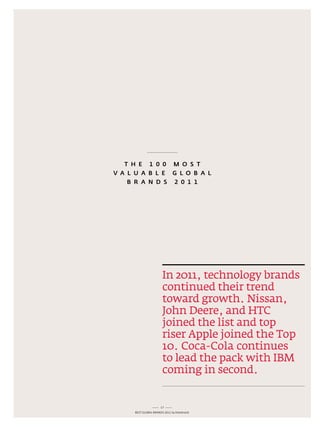 T H E 1 0 0 m O S T
v A L u A B L E G L O B A L
    B R A N D S 2 0 1 1




                       in 2011, technology brands
                       continued their trend
                       toward growth. nissan,
                       John Deere, and HTC
                       joined the list and top
                       riser apple joined the Top
                       10. Coca-Cola continues
                       to lead the pack with iBM
                       coming in second.


                      17
     Best GloBal Brands 2011 by Interbrand
 