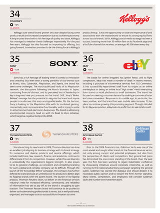 34
kELLOGG'S
     +3%
11,372$m

    Kellogg’s saw overall brand growth this year despite facing some              product lineup. It has the opportunity to raise the importance of and
product recalls and increased competition due to a softening economy.             associations with the masterbrand to ensure its strong equity flows
a long-trusted brand with a rich heritage of quality and taste, Kellogg’s         across its sub-brands. so far, Kellogg’s social media strategy has been a
has managed to weather these challenges impressively. For the past                success, boasting more than 30 million fans on its Facebook page and
few years, Kellogg’s has also focused on improving its offering, but              a Youtube channel that receives, on average, 40,000 views every day.
going forward, innovation promises to be the driving force in Kellogg’s




35                                                                                36
SONy                                                                              EBAy
     -13%                                                                              +16%
9,880$m                                                                           9,805$m

     sony has a rich heritage of leading when it comes to innovation                   the battle for online shoppers has grown fierce, and to fight
and creativity. But even with a strong portfolio of sub-brands such               competitors, eBay has made a number of deals in recent months,
as Bravia, Vaio, Cybershot, Playstation, and Xperia, the brand has                including a purchase of e-commerce services firm GsI Commerce.
seen some challenges. the much-publicized hacks of its Playstation                It has successfully repositioned itself from its origins as an online
network, the disruptions following the March disasters in Japan,                  marketplace to being an online local “high street”—with everything
continuing financial distress, and its perceived loss of leadership in            from stores to retail platforms to small businesses. the brand has
key categories have put pressure on the brand. still, sony’s “Make.               focused on meeting customer demand by making e-commerce faster
Believe” message has the potential to reignite the brand and inspire              and more convenient. response to its mobile app, in particular, has
people to re-discover this once unstoppable leader. on the horizon,               been positive, and the brand has seen mobile sales increase. It has
sony is looking to the Playstation Vita with its combined gaming,                 plans to continue growing this promising segment. though ridiculed
connectivity, and communication functionality, and is trying to unite             for its skype acquisition, eBay looks to profit from its sale to Microsoft.
its entertainment and electronics businesses. the brand is addressing
environmental concerns head on with its road to Zero initiative,
which targets a negative footprint by 2050.




37                                                                                38
THOmSON REuTERS                                                                   GOLDmAN SACHS
     +6%                                                                               -3%
9,515$m                                                                           9,091$m

     since launching its new brand in 2008, thomson reuters has done                  Prior to the 2008 financial crisis, Goldman sachs was one of the
an excellent job aligning its business strategy with its brand strategy.          most envied and sought after brands in the financial services sector,
Its numerous and diverse products and service offerings, which                    not only among current and potential employees, but also from
include healthcare, law, research, finance, and academia, continue to             the perspective of clients and competitors. But general bad press
differentiate it from its competitors. However, while this vast diversity         has diminished the once iconic standing of the brand. over the past
is undoubtedly the organization’s biggest strength, it also proves                year, the firm has been working to regain stakeholder confidence
to be its greatest challenge, as consistent and compelling branding               by showcasing initiatives around corporate citizenship, as well as
for such a global and complex company can be difficult. through the               running its first national advertising campaign targeting the general
launch of the “Knowledge effect” campaign, the company has further                public. Goldman has started the dialogue and should deepen it to
defined its brand and cast an umbrella over its products to better align          neutralize public opinion and to reclaim the firm’s former standing.
its flagship brands with the parent brand. the launch of its flagship             Many clients, competitors, and employees still consider Goldman
product, thomson reuters eikon, to deliver on the financial services              sachs the number one investment bank.
industry’s need for increased efficiency, connectivity, and reliability
of information has yet to pay off as the brand is struggling to gain
traction. the thomson reuters brand will continue to be pushed to
deliver to the demanding professionals it serves, but is well positioned,
organized, and managed to do so successfully in the years to come.


                                                                             27
                                                            Best GloBal Brands 2011 by Interbrand
 