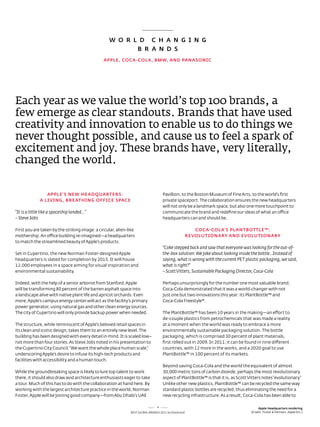w O R L D C H A N G i N G
                                                          B R A N D S
                                                AppLE, COCA-COLA, Bmw, AND pANASONiC




each year as we value the world’s top 100 brands, a
few emerge as clear standouts. Brands that have used
creativity and innovation to enable us to do things we
never thought possible, and cause us to feel a spark of
excitement and joy. These brands have, very literally,
changed the world.


                 AppLE’S NEw HEADquARTERS:                                          Pavillion, to the Boston Museum of Fine arts, to the world’s first
              A LiviNG, BREATHiNG OFFiCE SpACE                                      private spaceport. the collaboration ensures the new headquarters
                                                                                    will not only be a landmark space, but also one more touchpoint to
“It is a little like a spaceship landed…”                                           communicate the brand and redefine our ideas of what an office
– Steve Jobs                                                                        headquarters can and should be.

First you are taken by the striking image: a circular, alien-like                                        COCA-COLA’S pLANTBOTTLE™:
mothership. an office building re-imagined—a headquarters                                             REvOLuTiONARy AND EvOLuTiONARy
to match the streamlined beauty of apple’s products.
                                                                                    “Coke stepped back and saw that everyone was looking for the out-of-
set in Cupertino, the new norman Foster-designed apple                              the-box solution. We joke about looking inside the bottle…Instead of
headquarters is slated for completion by 2015. It will house                        saying, what is wrong with the current PET plastic packaging, we said,
12,000 employees in a space aiming for visual inspiration and                       what is right?”
environmental sustainability.                                                       – Scott Vitters, Sustainable Packaging Director, Coca-Cola

Indeed, with the help of a senior arborist from stanford, apple                     Perhaps unsurprisingly for the number one most valuable brand,
will be transforming 80 percent of the barren asphalt space into                    Coca-Cola demonstrated that it was a world-changer with not
a landscape alive with native plant life and apricot orchards. even                 just one but two innovations this year: its PlantBottle™ and
more, apple’s campus energy center will act as the facility’s primary               Coca-Cola Freestyle®.
power generator, using natural gas and other clean energy sources.
the city of Cupertino will only provide backup power when needed.                   the PlantBottle™ has been 10 years in the making—an effort to
                                                                                    de-couple plastics from petrochemicals that was made a reality
the structure, while reminiscent of apple’s beloved retail spaces in                at a moment when the world was ready to embrace a more
its clean and iconic design, takes them to an entirely new level. the               environmentally sustainable packaging solution. the bottle
building has been designed with every detail in mind. It is scaled low–             packaging, which is comprised 30 percent of plant materials,
not more than four stories. as steve Jobs noted in his presentation to              first rolled out in 2009. In 2011, it can be found in nine different
the Cupertino City Council, “We want the whole place human scale,”                  countries, with 12 more in the works, and a 2020 goal to use
underscoring apple’s desire to infuse its high-tech products and                    PlantBottle™ in 100 percent of its markets.
facilities with accessibility and a human touch.
                                                                                    Beyond saving Coca-Cola and the world the equivalent of almost
While the groundbreaking space is likely to lure top talent to work                 30,000 metric tons of carbon dioxide, perhaps the most revolutionary
there, it should also draw avid architecture enthusiasts eager to take              aspect of PlantBottle™ is that it is, as scott Vitters notes “evolutionary.”
a tour. Much of this has to do with the collaboration at hand here. By              Unlike other new plastics, PlantBottle™ can be recycled the same way
working with the largest architecture practice in the world, norman                 standard plastic bottles are recycled, thus eliminating the need for a
Foster, apple will be joining good company—from abu dhabi’s Uae                     new recycling infrastructure. as a result, Coca-Cola has been able to

                                                                                4                                                        Apple Headquarters rendering
                                                              Best GloBal Brands 2011 by Interbrand                                 (Credit: Foster & Partners, apple Inc.)
 