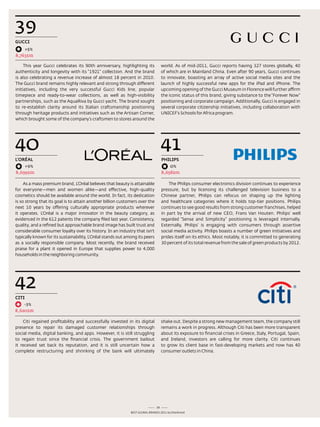 39
GuCCi
    +5%
8,763$m

     this year Gucci celebrates its 90th anniversary, highlighting its             world. as of mid-2011, Gucci reports having 327 stores globally, 40
authenticity and longevity with its “1921” collection. and the brand               of which are in Mainland China. even after 90 years, Gucci continues
is also celebrating a revenue increase of almost 18 percent in 2010.               to innovate, boasting an array of active social media sites and the
the Gucci brand remains highly relevant and strong through different               launch of highly successful new apps for the iPad and iPhone. the
initiatives, including the very successful Gucci Kids line, popular                upcoming opening of the Gucci Museum in Florence will further affirm
timepiece and ready-to-wear collections, as well as high-visibility                the iconic status of this brand, giving substance to the “Forever now”
partnerships, such as the aquariva by Gucci yacht. the brand sought                positioning and corporate campaign. additionally, Gucci is engaged in
to re-establish clarity around its Italian craftsmanship positioning               several corporate citizenship initiatives, including collaboration with
through heritage products and initiatives such as the artisan Corner,              UnICeF’s schools for africa program.
which brought some of the company’s craftsmen to stores around the




40                                                                                 41
L’ORÉAL                                                                            pHiLipS
       +9%                                                                              0%
8,699$m                                                                            8,658$m

     as a mass premium brand, l’oréal believes that beauty is attainable               the Philips consumer electronics division continues to experience
for everyone—men and women alike—and effective, high-quality                       pressure, but by licensing its challenged television business to a
cosmetics should be available around the world. In fact, its dedication            Chinese partner, Philips can refocus on shaping up the lighting
is so strong that its goal is to attain another billion customers over the         and healthcare categories where it holds top-tier positions. Philips
next 10 years by offering culturally appropriate products wherever                 continues to see good results from strong customer franchises, helped
it operates. l’oréal is a major innovator in the beauty category, as               in part by the arrival of new Ceo, Frans Van Houten. Philips’ well
evidenced in the 612 patents the company filed last year. Consistency,             regarded “sense and simplicity” positioning is leveraged internally.
quality, and a refined but approachable brand image has built trust and            externally, Philips’ is engaging with consumers through assertive
considerable consumer loyalty over its history. In an industry that isn't          social media activity. Philips boasts a number of green initiatives and
typically known for its sustainability, l’oréal stands out among its peers         prides itself on its ethics. Most notably, it is committed to generating
as a socially responsible company. Most recently, the brand received               30 percent of its total revenue from the sale of green products by 2012.
praise for a plant it opened in europe that supplies power to 4,000
households in the neighboring community.




42
CiTi
    -3%
8,620$m

    Citi regained profitability and successfully invested in its digital           shake out. despite a strong new management team, the company still
presence to repair its damaged customer relationships through                      remains a work in progress. although Citi has been more transparent
social media, digital banking, and apps. However, it is still struggling           about its exposure to financial crises in Greece, Italy, Portugal, spain,
to regain trust since the financial crisis. the government bailout                 and Ireland, investors are calling for more clarity. Citi continues
it received set back its reputation, and it is still uncertain how a               to grow its client base in fast-developing markets and now has 40
complete restructuring and shrinking of the bank will ultimately                   consumer outlets in China.




                                                                              28
                                                             Best GloBal Brands 2011 by Interbrand
 
