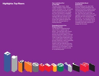 18 19bestglobalbrands.com #BGB2015
Highlights: Top Risers User-centricity is Part
of Their DNA
This year’s fastest risers—Apple
(+43%), Facebook (+54%), Amazon
(+29%), and Adobe (+17%)—are brands
that have evolved around their users.
A deep understanding of how people
live, work, and interact is embedded
in their products, services, and brand
message. With user-centricity at the
core, these brands have been able
to grow their audiences quickly and
iterate their offerings based on
evolving demands.
Expanding Around a Core
Product or Service
The Top Risers’ burgeoning brand
value is tied to a specific type of
growth—one that starts with a strong
central offer and builds products or
services around that. Adobe (+17%) has
spawned software, cloud services, and
a suite of apps that all relate back to its
core creative platform. Premium coffee
purveyor Starbucks (+16%) is expanding
its brand and growing its global
footprint, with new offerings and menu
options that build upon its original café
experience. For all Top Risers, a strong
brand proposition has been grounds
for accelerated growth.
Creating Holistic Brand
Experiences
Brands climbing up the value chain
are those creating experiences that
reinforce the brand in multiple contexts.
The technology brands that dominate
the Top Risers list are naturals at
this—they have the scope, scale, and
capability to embed themselves in users’
daily lives. But even heritage brands
like Hermès—up a soaring 22 percent
from last year—are investing in out-of-
store experiences and emotion-driven
campaigns that invite customers to
engage with the brand.
 