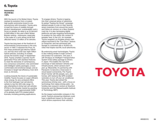 48 49bestglobalbrands.com #BGB2015
6. Toyota
Automotive
49,048 $m
+16%
With the launch of its Global Vision, Toyota
marked its evolution from a trusted,
high quality automotive brand to one
synonymous with innovation. Toyota aims
to lead the future of mobility through
product development, sustainability, and a
focus on people. Its value is up 16 percent
to $49 billion in this year’s Best Global
Brands ranking—impressive, especially
in the wake of a June airbag recall that
affected nearly 1.4 million of its vehicles.
Toyota has long been at the forefront of
environmental consciousness in the auto
sector. In 1997, it released the Prius, its
first mass produced gas-electric hybrid
car, and has since sold over eight million
hybrid vehicles, including 31 models
across the brand’s range. In September
2015, Toyota unveiled a sportier fourth-
generation Prius with standout features
to meet the demands of contemporary,
eco-conscious consumers: new automated
and intelligent safety packages, a more
comfortable and emotional design, and an
increase in target fuel efficiency, from 32.6
km/L to 40 km/L.
Looking towards the future of sustainable
mobility, Toyota focuses on super-efficient,
clean energy. Its zero-emissions Mirai
is the first hydrogen fuel cell electric
vehicle to top the 300-mile range. It’s
also attempting to bring fuel cell vehicles
(FCVs) to the broader market by granting
royalty-free use of approximately 5,680
of its globally held FCV-related patent
licenses, including pending applications.
To engage drivers, Toyota is tapping
into their universal sense of adventure.
Its global “Feeling the Street” campaign
allowed people to vote on their favorite
street musicians from around the world
and follow six winners on a New Zealand
road trip. It is also harnessing digital
platforms and geo-targeting technologies
to position its cars within the context of
peoples’ lives. In the U.S., for example,
Toyota targeted Los Angeles drivers with
videos launched in the “Live Story” feature
on Snapchat, and has partnered with
Google to customize ads in 15,000 U.S.
cities that inspire real-life, local adventures.
By embracing smart technologies, Toyota
is also making strides to both connect
and protect its customers. This year, it
will introduce an Intelligent Transportation
System (ITS) safety package to drivers
in Japan. ITS enables the real-time
exchange of data between vehicles and
infrastructures, which sensors don’t
pick up. Meanwhile, it’s partnering with
Panasonic to become a forerunner in
cloud-based connectivity. The Toyota
Smart Center will link people, cars, and
homes, with features like GPS-enabled
reminders to turn off your air conditioner.
This year, Toyota also joined the
autonomous driving race—with a focus on
technology that makes driving safer—by
funding new research centers at Stanford
University and the Massachusetts Institute
of Technology (MIT).
As the largest automobile company in the
world, Toyota’s pioneering initiatives could
have a significant impact on the ways in
which drivers experience their vehicles.
 