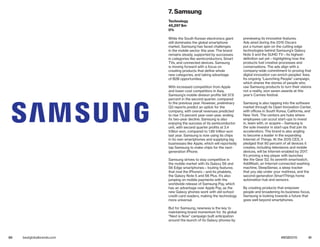50 51bestglobalbrands.com #BGB2015
While the South Korean electronics giant
still dominates the global smartphone
market, Samsung has faced challenges
in the mobile sector this year. The brand
remains steady, supported by successes
in categories like semiconductors, Smart
TVs, and connected devices. Samsung
is moving forward with a focus on
creating products that define whole
new categories, and taking advantage
of B2B opportunities.
With increased competition from Apple
and lower-cost competitors in Asia,
Samsung’s mobile division profits fell 37.6
percent in the second quarter, compared
to the previous year. However, preliminary
Q3 reports predict an uptick for the
company, with overall revenues predicted
to rise 7.5 percent year-over-year, ending
its two-year decline. Samsung is also
enjoying the success of its semiconductor
unit, with second quarter profits at 3.4
trillion won, compared to 1.86 trillion won
last year. Samsung is now using its chips
in its own smartphones and supplying big
businesses like Apple, which will reportedly
tap Samsung to make chips for the next-
generation iPhone.
Samsung strives to stay competitive in
the mobile market with its Galaxy S6 and
S6 Edge smartphones—touting features
that rival the iPhone’s—and its phablets,
the Galaxy Note 5 and S6 Plus. It’s also
jumping on mobile payments with the
worldwide release of Samsung Pay, which
has an advantage over Apple Pay, as the
new Galaxy phones work with old-school
credit card readers, making the technology
more universal.
But for Samsung, newness is the key to
maintaining brand momentum for. Its global
“Next is Now” campaign built anticipation
around the launch of its Galaxy phones by
previewing its innovative features.
Ads aired during the 2015 Oscars
put a human spin on the cutting edge
technologies behind Samsung’s Galaxy
Note 5 and the SUHD TV—its highest-
definition set yet—highlighting how the
products fuel creative processes and
conversations. The ads align with a
company-wide commitment to proving that
digital innovation can enrich peoples’ lives.
Its ongoing “Launching People” campaign,
which shares the stories of people who
use Samsung products to turn their visions
not a reality, won seven awards at this
year’s Cannes festival.
Samsung is also tapping into the software
market through its Open Innovation Center,
with offices in South Korea, California, and
New York. The centers are hubs where
employees can scout start-ups to invest
in, team with, or acquire—Samsung is
the sole investor in start-ups that join its
accelerators. The brand is also angling
to become a leader in the expanding
Internet of Things. At the 2015 CES, it
pledged that 90 percent of all devices it
creates, including televisions and mobile
devices, will be Internet-enabled by 2017.
It’s proving a key player with launches
like the Gear S2, its seventh smartwatch,
AddWash, an Internet-connected washing
machine, SleepSense, a sleep tracker
that you slip under your mattress, and the
second-generation SmartThings home
automation hub and sensors.
By creating products that empower
people and broadening its business focus,
Samsung is looking towards a future that
goes well beyond smartphones.
7. Samsung
Technology
45,297 $m
0%
 