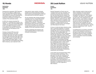 66 67bestglobalbrands.com #BGB2015
Following the resignation CEO Takanobu
Ito, and in the midst of a difficult year,
newly appointed CEO Takahiro Hachigo
has promised to pursue the development
of products unique to the brand, and
Honda has continued to innovate in and
outside of the automotive sector.
In 2015, the company launched the
Honda Jet—a business jet 30 years in the
making—as well as the Honda Walk Assist,
a device for supporting human movement.
As for automotive innovations, Honda
is launching an all-new MY 16 Civic and
Accord that form the bedrock of its
U.S. business.
However, Honda’s HR-V, has seen
exceptional movement. This new
crossover SUV sold 14,141 units in a matter
of weeks, triple what any other automaker
has managed in the first month with a new
model in the segment. And the HR-V did
not cannibalize its larger sibling—in fact,
sales of the CR-V, the longtime best-selling
SUV in America, rose 3 percent in the
same period. James Jenkins, manager
of light truck product planning at Honda
North America, promised that the HR-V will
eventually lead the small SUV segment.
On the marketing side, Honda launched a
campaign known as “The Endless Road,”
which features a remarkably creative
“never-ending” YouTube video that is
bespoke to its audience—seamlessly
personalized using real-time location data.
From launch, the video runs constantly,
visually representing the time of day and
weather of the user’s particular location.
Honda is employing new products and
novel marketing efforts to demonstrate
innovation and progress.
Grands Classiques (a French term for
“coveted icons”) are new, innovative, and
sometimes shocking when introduced,
but over time they become classics. The
idea of Grands Classiques is something
Nicolas Ghesquière, Louis Vuitton’s Artistic
Director, aimed to capture this year, albeit
with a signature focus on simplicity. Louis
Vuitton is a brand characterized by iconic
innovation—a deep reverence for its
heritage constantly informs new designs
and fresh ideas for the future.
A focus on retail and sales networks, along
with a continued emphasis on creativity
and quality, characterize the company’s
strategy this year. It continues to develop
two iconic new handbag styles: the
Capucines, launched in 2013, named after
the Rue des Capucines in Paris, where
Louis Vuitton opened its first store in 1854;
and the Petite Malle, created by Nicolas
Ghesquière in 2014, which reflects the
fashion house’s trunkmaking heritage.
Unfortunately, the brand has been affected
by a market slow down in China, which
has impacted the luxury sector as a
whole. With Louis Vuitton affected, which
accounts for one-third of total LVMH
group sales, Ghesquière is bringing the
brand back with what he describes as
its three-word philosophy: timelessness,
authenticity, and innovation.
Louis Vuitton has harnessed these values
for strong creative momentum. This
past year has seen the unveiling of the
Fondation Louis Vuitton, designed by
Frank Gehry, the opening of La Fabrique
du Temps, a watchmaking factory in
Switzerland, and a bold celebration of the
Monogram in collaboration with an array of
visionaries, from Karl Lagerfeld to
Marc Newson.
With a heritage rooted in travel and the
spirit of adventure, the brand placed
a strong emphasis on travel pieces
throughout its collections. “Don’t believe
in borders,” and “dare to new frontiers”
are just a few of the sentiments from “The
Spirit of Travel,” Louis Vuitton’s campaign
film, which values the experience of the
journey as much as the destination. The
video acts as both campaign film and
travel brochure, reminding consumers to
return to a time when the journey—and the
brand you experienced it with—was the
adventure itself.
A combined focus on product, innovation,
and the retail experience continues to
be key for Louis Vuitton. As the brand’s
beautifully immersive Series 3 exhibition
arrives in London, it is a timely framing
of the conversation around accessibility
and exclusivity.
19. Honda
Automotive
22,975 $m
+6%
20. Louis Vuitton
Luxury
22,250 $m
-1%
 