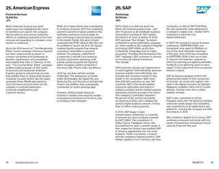 72 73bestglobalbrands.com #BGB2015
While American Express has never
shied away from highlighting the cache
its members can expect, the company
has focused its more recent marketing
efforts on redefining exclusivity to be more
inclusive and appealing to a broader cross-
section of audiences.
Since the 2012 launch of “The Membership
Effect” brand campaign, American Express
has been underscoring its power to
connect consumers and businesses to
benefits, experiences, and possibilities
that simplify their lives. In February of this
year, “The Journey Never Stops” campaign
profiled inspiring people on their paths
to success, and positioned American
Express’ products and services as tools
that enabled them to realize their dreams.
Customer-focused efforts, like the newly-
revamped Amex Mobile app featuring
Touch ID, serve as proof points for the
company’s continued dedication
to lifestyle simplifications and
customer-service.
While all of these efforts have contributed
to American Express’ shift from traditional
payment services to being a platform that
facilitates commerce more broadly, it’s
also continuing to democratize its position
in the market. Earlier this year, it joined
companies like AT&T, Macy’s, Rite Aid, and
ExxonMobil to launch the first U.S.-based
coalition loyalty program that rewards
consumers, regardless of payment
method. The program, called Plenti,
is expected to benefit from American
Express’ experience operating multi-
partner global programs like Payback,
which manages coalition programs in
Germany, Italy, Poland, India, and Mexico.
2015 has not been without notable
challenges. The emergence of mobile
wallet technologies like Apple Pay and
Samsung Pay, and the loss of partners like
Costco and JetBlue, have undoubtedly
contributed to recent earnings slips.
However, looking ahead, American
Express is creating new ways for people
to experience the brand on its terms, and
according to their lifestyles.
SAP’s vision is to help the world run
better and improve people’s lives—and
with 74 percent of all worldwide business
transactions touching an SAP system,
the brand is on track to deliver. In 2015,
SAP launched “Run Simple,” its largest
multiplatform global advertising campaign
yet, which positions the company’s flagship
technology, SAP HANA, as the hero
of simplicity. Expanding from its highly
successful “The Best-Run Businesses Run
SAP” campaign, SAP continues to execute
on its vision by helping businesses
“Run Simple.”
SAP empowers people and organizations
to work together more efficiently, generate
business insights more effectively, and
innovate their business models to stay
ahead of the competition. With more
than 296,000 customers in over 190
countries, SAP is the world’s leading
enterprise application and analytics
software provider and the fastest-growing
enterprise company at scale in the cloud.
The company’s customers represent
98 percent of the world’s top brands,
as valued by Forbes, and it enables the
world’s largest business network of more
than 1.5 million trading partners.
In 2010, SAP began a major
transformation, embarking on a journey
to become the cloud company powered
by SAP HANA. The acquisitions of
Ariba, Concur, Fieldglass, hybris, and
SuccessFactors, each a premier player in
their respective niches, have enabled SAP
to advance aggressively into the cloud
business. These innovations—coupled
with the company’s flagship product, SAP
HANA, a platform for in-memory, real-time
computing, as well as SAP S/4HANA,
the next-generation suite designed for
a company’s digital core—enable SAP’s
customers to become truly
digital businesses.
In 2015, the company’s annual business
conference, SAPPHIRE NOW, was
recognized once again by BizBash as
one of the most innovative meetings
of the year. One of the key innovations
at SAPPHIRE NOW is the use of data
to improve the customer experience,
either by soliciting and applying attendee
feedback or by gathering input on every
aspect of the experience from a customer
advisory council.
SAP produces engaging content that
presents bold views on how companies
of all sizes can create and capture new
value in the digital economy. Its Digitalist
Magazine, available online and on mobile
devices, reaches more than a million
readers annually.
SAP is also committed to further
engaging users with the brand by bringing
consumer-grade design and compelling
user experiences to its applications and
platforms—earning the company two Red
Dot Awards in 2015.
With ambitious targets for its future, SAP
continues to expand and evolve with the
needs of businesses, increasing in brand
value by 8 percent this year.
25. American Express
Financial Services
18,922 $m
-3%
26. SAP
Technology
18,768 $m
+8%
 