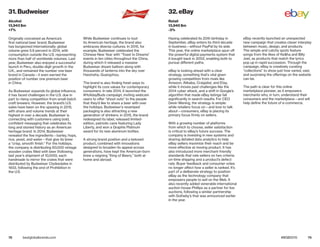 78 79bestglobalbrands.com #BGB2015
Originally conceived as America’s
first national beer brand, Budweiser
has burgeoned internationally: global
volume grew 5.9 percent in 2014, with
consumption outside the U.S. representing
more than half of worldwide volumes. Last
year, Budweiser also enjoyed a successful
launch in Peru, double-digit growth in the
U.K., and remained the number one beer
brand in Canada—it even earned the
position of number one premium beer
in China.
As Budweiser expands its global influence,
it has faced challenges in the U.S. due in
part to rising competition from small-batch
craft brewers. However, the brand’s U.S.
sales have been on the upswing in 2015,
with share and volume trends at their
highest in over a decade. Budweiser is
connecting with customers using bold,
confident messaging that celebrates its
long and storied history as an American
heritage brand. In 2014, Budweiser
revealed the five ingredients—barley, hops,
rice, yeast, and water—that give its brew
a “crisp, smooth finish.” For the holidays,
the company is distributing 60,000 vintage
wooden crates filled with beer (following
last year’s shipment of 10,000), each
handmade to mirror the crates that were
distributed by Budweiser Clydesdales in
1933, following the end of Prohibition in
the U.S.
While Budweiser continues to tout
its American heritage, the brand also
embraces diverse cultures. In 2015, for
example, Budweiser celebrated the
Chinese New Year with “Toast to Dreams”
events in ten cities throughout the China,
during which it released a massive
Budweiser dream balloon along with
thousands of lanterns into the sky over
Haixinsha, Guangzhou.
The brand is also finding fresh ways to
highlight its core values for contemporary
consumers. In late 2014, it launched the
#HolidayBuds campaign, inviting webcam
users to offer “shout outs” to the people
that they’d like to share a beer with over
the holidays. Budweiser’s revamped
packaging is also attracting a new
generation of drinkers: in 2015, the brand
redesigned its label, released limited-
edition, patriotic cans featuring Lady
Liberty, and won a Graphis Platinum
award for its new aluminum bottles.
A strong brand position and a beloved
product, combined with innovations
designed to broaden its appeal across
generations, have kept the American-born
brew a reigning “King of Beers,” both at
home and abroad.
Having celebrated its 20th birthday in
September, eBay enters its third decade
in business—without PayPal by its side.
This year, the online marketplace spun off
the powerful digital payments system that
it bought back in 2002, enabling both to
pursue different paths.
eBay is looking ahead with a clear
strategy, something that’s vital given
growing competition from rivals like
Amazon, Alibaba, Craigslist, and Etsy,
while it moves past challenges like the
2014 cyber attack, and a shift in Google’s
algorithm that made eBay listings fall
significantly in search results. For CEO
Devin Wening, the strategy is simple:
while retailers focus on—and love to talk
about—consumers, eBay is placing its
primary focus firmly on sellers.
With a growing number of platforms
from which to choose, seller satisfaction
is critical to eBay’s future success. The
company is investing in new systems and
sharing detailed data analytics to help
eBay sellers maximize their reach and be
more effective at moving product. It has
also introduced more merchant-friendly
standards that rate sellers on two criteria:
on-time shipping and a product’s defect
rate. Buyer feedback and consumer votes
no longer affect how a seller is ranked. It’s
part of a deliberate strategy to position
eBay as the technology company that
empowers people to sell on the Web. It
also recently added venerable international
auction house Phillips as a partner for live
auctions, following a similar partnership
with Sotheby’s that was announced earlier
in the year.
eBay recently launched an unexpected
new campaign that creates clever interplay
between music, design, and products.
The simple and catchy spots feature
songs from the likes of Ke$ha and Billy
Joel, as products that match the lyrics
pop up in rapid succession. Through the
campaign, eBay is creatively curating
“collections” to show just how varied, vast,
and surprising the offerings on the website
can be.
The path is clear for this online
marketplace pioneer, as it empowers
merchants who, in turn, understand their
consumers and the marketplace—and will
help define the future of e-commerce.
31. Budweiser
Alcohol
13,943 $m
+7%
32. eBay
Retail
13,940 $m
-3%
 