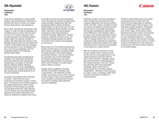 86 87bestglobalbrands.com #BGB2015
Amid rising competition in major global
markets, the Hyundai brand continues to
flourish with focus on three core areas:
design, performance, and experience.
Since 2012, Hyundai has reinvested in the
“basics” in order to build its reputation as
an affinity brand. To place the first stone
of trust in its “modern premium” story,
Hyundai launched Hyundai Motorsports
Gmbh, which has become a leader in
quality, with especially high marks for the
Hyundai Genesis sedan (a Top Safety Pick
in 2014). In November 2015, the company
announced plans to turn its Genesis line
into a new-luxury nameplate, with the
impending release of the flagship
Genesis G90 sedan.
Hyundai has also been recognized as
a leader in the alternative fuel sector
since becoming the first commercial
manufacturer and seller of Fuel Cell
Electric Vehicles (FCEV). Merging
innovative efforts in both sustainability
and mobility, the company has begun to
test autonomous driving features on its
Tucson ix35 FCEV.
Hyundai’s visual identity also continues
to evolve—one of the first mass-
produced auto brands to adapt a “family
look,” it launched its new Fluidic Sculpture
2.0 design philosophy in 2014. Fluidic
Sculpture 2.0 has created an instantly
recognizable brand halo, while offering
a more intuitive and customized design
approach that reflects Hyundai’s core
values of simplicity, creativity, and caring.
In an effort to bring its brand proposition
to life, Hyundai has focused on developing
unique branded experiences. With the
introduction Motor Studio and Motor
Studio Digital, as well as the roll-out of its
Global Dealership Space Identity, Hyundai
offers customers more personalized
experiences while disseminating a
coherent message. Applying its “modern
premium” approach not just to cars, but
to lifestyle, Hyundai elevates its efforts
to become more relevant and engaging
to consumers.
Becoming one of the fastest growing auto
brands, in both volume and scale, has not
been without challenges. Hyundai’s ability
to sustain growth in the world’s largest
automotive markets—the U.S. and China—
is in question, due to the proliferation
of Chinese manufacturers as well as
Hyundai’s limited portfolio of trucks and
SUV’s, which threaten to erode market
share in those countries.
Despite these roadblocks, Hyundai
remains committed to simplicity and
customization—the hallmarks of what
modern consumers crave as they continue
to take charge of their own ecosystems.
Thus, Hyundai is well positioned to grow
its brand by creating unprecedented
value for individuals.
Following a string of recent acquisitions—
which include the open-platform video
company, Milestone, and security camera
maker, Axis AB—Canon continues to build
an arsenal of intellectual property around
optical sensors and image processing
technology, responding to opportunities
in the B2B sector. This strategic shift is
20 years in the making, driven by Canon’s
Excellent Global Corporation Plan, which
calls for staying number one in its core
categories while expanding its peripheral
businesses. While the company has rallied
internally, Canon is still most recognizable
to the public as a camera brand.
With the continued contraction of the
camera market, Canon wants to show
off all it can do. It has supported its core
camera business in Europe with the
2014 “Come and See” campaign, which
promotes the power of photography to
tell resonant stories. In the U.S., Canon
launched the 2014 “See Impossible”
campaign, which shows how its
various products can power peoples’
imaginations—although it was perceived
by critics as just a campaign, rather than
a portent of product innovation or
brand evolution.
However, at the 2015 launch of its global
quinquennial Expo in New York City,
Canon had the opportunity to dedicate
over 100,000 square feet of space to its
innovative imaging solutions. Categories
such as surveillance, film, and medical
took center stage. Of the eleven topics
featured at the Expo, Canon only devoted
one to the compact camera, focusing
on new networked advances—a strong
indicator of Canon’s new product strategy.
Experiences like the Expo seem to confirm
Canon’s commitment to a new approach,
cementing its shift from camera company
to innovation leader.
39. Hyundai
Automotive
11,293 $m
+8%
40. Canon
Electronics
11,278 $m
-4%
 
