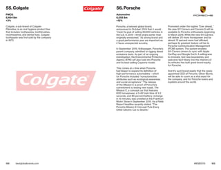 102 103bestglobalbrands.com #BGB2015
Porsche, a beloved global brand,
announced in October 2014 that it would
“meet its goal of selling 50,000 vehicles in
the U.S. in 2015—three years earlier than
originally envisioned.” Its strong brand and
a good performance year are important as
it faces unexpected scrutiny.
In September 2015, Volkswagen, Porsche’s
parent company, admitted to rigging diesel
emissions tests. As part of an ongoing
investigation, the Environmental Protection
Agency (EPA) will also look into Porsche
and its best-selling Cayenne model.
This comes at a time when Porsche
had begun to expand its definition of
high-performance automobiles—which
for Porsche included “nonautomotive
attributes such as ecological awareness
and social acceptance.” The release
of the Mission E is proof of Porsche’s
commitment to testing new roads. The
Mission E, a concept car that features
600 horsepower, a 0–62 mph time of 3.2
seconds, and 80 percent battery recharge
in 15 minutes, was unveiled at the Frankfurt
Motor Show in September 2015. As a Robb
Report headline recently stated: “The
Porsche Mission E Concept Puts Every
Other Electric Car to Shame.”
Promoted under the tagline “Ever ahead.,”
the new 911 Carrera and Carrera S will be
available to Porsche enthusiasts beginning
in March 2016. While the new 911 Carrera
will deliver 20 more horsepower and be
almost 12 percent more fuel efficient,
perhaps its greatest feature will be its
Porsche Communication Management
(PCM) system. The system enables
911 Carrera drivers to sync with Apple
CarPlay and Google Earth. A willingness
to innovate, test new boundaries, and
welcome tech titans into the interiors of
its vehicles has built great brand equity
for Porsche.
And it’s such brand equity that the newly
appointed CEO of Porsche, Oliver Blume,
will be able to count as a vital asset for
the company, and for Porsche lovers and
loyalists around the world.
Colgate, a sub-brand of Colgate-
Palmolive, is an oral hygiene product line
that includes toothpastes, toothbrushes,
mouthwashes, and dental floss. Colgate
toothpaste was first sold by the company
in 1873.
55. Colgate
FMCG
8,464 $m
+3%
56. Porsche
Automotive
8,055 $m
+12%
 