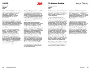 106 107bestglobalbrands.com #BGB2015
With more than 50,000 products on the
market—from Post-it® Notes and Scotch®
tape to automotive and construction
mainstays for businesses—3M
understands the need to articulate
the common thread that ties its
brand together.
3M was awarded 3,342 patents in 2014,
and 33 percent of its sales in 2014 came
from products developed in the past five
years. The company even has an executive
panel in place, which meets quarterly, to
award increased budgets to “disruptive”
technologies.
At its core, the new corporate brand
platform, “3M Science. Applied to Life.™”
seeks to humanize 3M’s scientific
capabilities, especially among the
millennial generation. The new brand
platform brings to life the DNA of the
company, which is rooted in a culture
of scientific curiosity, collaboration, and
solving problems. It is a worldwide brand
initiative that brings forward the unique
culture of 3M with a powerful new visual
and verbal identity, digital media
approach, and messaging.
3M kicked off its global launch in the U.S.
at SXSW, where 3M scientists shared
the story behind the new brand platform.
Festivalgoers were invited to tour the 3M
LifeLab, an interactive experience housed
in a structure built almost entirely of 3M
products. It was an opportunity for people
to be surprised and delighted by 3M and
the products they make.
Despite the success of the platform
launch, 3M was forced to revise its annual
outlook due to a challenging economic
growth environment. Still, the company
plans to continue pursuing a multiyear
strategy to raise R&D spending to about 6
percent of total sales by 2017. 3M is also
streamlining by strengthening and focusing
its business portfolio. It is building on a
strong acquisition strategy, completing
USD $3.5 billion in acquisitions in 2015
alone. Also in 2015, it announced a new
10-year sustainability initiative that
includes doubling its pipeline for diverse
talent and achieving “zero-landfill” status
at 30 percent of its manufacturing plants.
3M also donated more than USD $80
million in cash and products in 2014.
3M has a promising year ahead with a
growth strategy firmly rooted in science
and disruptive innovation.
Over the past year, Morgan Stanley made
bold moves to strengthen its brand and
empower its customers—all in an effort to
position itself as an organization with
a vision for progress.
Led by new CMO Mandell Crawley,
“Capital Creates” is a positioning and a
brand marketing campaign that reinforces
the role that Morgan Stanley can play in its
customers’ lives: creating the capital that
serves as the means for turning seemingly
lofty goals into distinct realities. “Capital
Creates” has also shaped a new narrative
for the brand. It’s provided a platform
where Morgan Stanley can highlight its
role in creating and assisting some of
the biggest innovators in their respective
industries—from underwriting the largest
IPO in history with Alibaba to assisting
Netflix in “writing its financial script.”
“Capital Creates” has also reinvigorated
Morgan Stanley’s recruiting strategy—it
resonates strongly with prospective talent
attracted to the firm’s positive “impact on
culture, technology and infrastructure.”
Morgan Stanley’s renewed focus has also
manifested in the form of its new website.
The enhanced, user-friendly website was
redesigned with employees’ feedback
kept top-of-mind. Morgan Stanley has
succeeded in creating a digital experience
that “highlights not the company itself,
but the people behind it.” The new website
reaffirms that Morgan Stanley is a service
organization that focuses not just on
financial capital, but on creating
human value.
“Capital Creates” has resonated with
customers through Morgan Stanley’s
website, advertising campaigns, and in its
executives’ interactions with the media.
The impact that this new platform has
had on Morgan Stanley’s bottom line is
undeniable: In July 2015, CEO James
Gorman reported that Morgan Stanley
had its most profitable quarter since the
financial crisis, and Morgan Stanley’s
brand value has increased 12 percent in
this year’s Best Global Brands ranking.
59. 3M
Diversified
7,243 $m
+17%
60. Morgan Stanley
Financial Services
7,083 $m
+12%
 