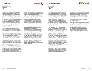 118 119bestglobalbrands.com #BGB2015
With increasing business complexity—
including the demand for companies to
integrate their business systems and to
process and interface with new sets of
data—Xerox is helping businesses work
better. In the last few years, Xerox has
gone from a company focused primarily
on document and information management
to one that supports critical business
processes for enterprises of all sizes in
a wide spectrum of industries. Business
services now make up about two-thirds
of Xerox’s nearly USD $20 billion
annual revenue.
This is evident in its most recent B2B
brand campaign. Xerox launched “Work
Can Work Better,” a new brand platform
that describes what’s possible when
business solutions are designed around
both new technology and human insights.
The effort features new advertising
and digital campaigns with initial spots
describing how Xerox works behind
the scenes to improve how work gets
done, and will move into specific industry
issues regarding customer care, human
resources, healthcare, and transportation.
It has also invested heavily within its
business, with USD $577 million going to
RD&E in four focus areas: usable analytics,
turning inert data into actionable insights;
agile enterprise technology, concentrated
on automated processes and cloud-
based software; personalization at scale,
improving efficiency and relevancy of
products; and sustainable enterprise and
society. And as it pushes toward becoming
a more service-oriented business,
Xerox has acquired companies such as
Intrepid Learning, which features cloud-
based learning technology that offers
organizations a way to train at scale at
a reasonable cost, and RSA Medical, a
leading provider of health assessment
and risk management for health and life
insurance companies.
Xerox also redesigned Xerox.com to
be content and social driven, enabling
engagement from any device. It
includes shareable stories that highlight
Xerox clients and their industries in a
personalized and user-centric way. This
is on the heels of efforts to embrace a
fresh content strategy approach, including
the “30 Seconds to Know” partnership
with NBCUniversal, launched in 2014,
that explains complex topics in quick
30-second snapshots. This, together
with other publishing initiatives, shows
how Xerox is finding new ways to
engage—and reiterate its transformation—
with its audiences.
In spite of a challenging environment
for heavy equipment brands—and at a
time when the operational focus for the
organization has meant cost reductions
and job cuts in response to falling global
demand—industry veteran Caterpillar
is attempting a fundamental change.
It continues to take a friendlier and
slightly unexpected approach with its
“Built For It” campaign, which was first
launched in 2013 as a means to focus the
brand’s efforts and expand the scope of
customers it reaches.
This year, “Built For It” was expanded
further via the digital campaign “Built
For It Trials,” a series of videos designed
to take more of an offensive stance
against competitors, showing Caterpillar
equipment taking on big jobs with
precision and high performance—as well
as warmth. The initial video in the series,
“Stack”—which featured construction
machines playing a giant game of Jenga—
went viral within days, garnering more than
2.6 million views. Recent videos include
the visually arresting “Lantern Festival,”
featuring generators powering a remote
village in China, and “Driving Range,”
challenging pro golfers to hit a hole-in-one
on a portable, moving green.
Historically a highly siloed organization,
Caterpillar used separate taglines and
strategies for each business unit, which
resulted in a fragmented marketing
approach. However, the ongoing
campaign is enabling far more integrated
and consistent communications, covering
its breadth of offerings, with a focus
on developing markets under a single
narrative. This focus is also vital for the
company’s internal culture, as it recovers
from cuts and aims to both retain and
attract great talent.
Within the business, Caterpillar launched
a new division that will focus on data
analytics to make the most of the vast
amounts of data it collects through
its machines and engines. By doing
so, Caterpillar can add value and build
stronger relationships with customers,
helping them to fully utilize their assets
and optimize their activities.
71. Xerox
Business Services
6,033 $m
-9%
72. Caterpillar
Diversified
5,976 $m
-12%
 