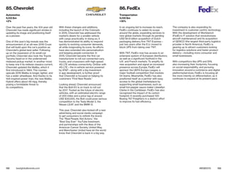 132 133bestglobalbrands.com #BGB2015
Over the past five years, the 104-year-old
Chevrolet has made significant strides in
updating its image and positioning itself
as a pioneer.
One of this year’s big reveals was the
announcement of an all-new 2016 Cruze
that will build upon the car’s position as
Chevrolet’s global best seller. Following
up on the expansion of its small-car
portfolio, Chevrolet also took the Toyota
Tacoma head-on in the underserved
midsized pickup market. In another move
to keep one if its midsize classics current,
Chevrolet updated the Malibu, which it
first introduced in 1964. The roomier,
upscale 2016 Malibu is longer, lighter, and
has a wider wheelbase. And thanks to its
Volt-inspired power train, the new Malibu
Hybrid offers about 48 mpg, thereby
posing a formidable threat to
its competitors.
With these changes and additions,
including the launch of the Colorado
in 2015, Chevrolet has addressed the
market’s desire for a smaller vehicle
with cargo practicality. In doing so, it
has demonstrated its ability to respond
quickly to evolving consumer demands,
all while invigorating its icons. Its efforts
have also extended into personalization
and keeping people connected. In
2015, Chevrolet became the first car
manufacturer to roll out connected cars,
trucks, and crossovers with high-speed
4G LTE wireless connectivity. OnStar with
4G LTE—the in-vehicle service powered
by AT&T—along with a big investment
in app development, is further proof
that Chevrolet is focused on helping its
customers “Find New Roads.”
Looking ahead, Chevrolet announced
that the Bolt EV is on track to roll out
by 2017. Touted as the future of electric
vehicles, with an estimated electric range
of 200 miles and a price tag of around
USD $30,000, the Bolt could pose serious
competition to the Tesla Model 3, the
Nissan LEAF, and the BMW i3.
This year, Chevrolet also kicked off a new
advertising and social media campaign
to get consumers to rethink the brand.
The “Real People, Not Actors,” the
“Best Day Ever” YouTube livestream,
and partnerships with the likes of the
American Cancer Society, United Way,
and Manchester United have let the world
know that Chevrolet is back in a big way.
In an ongoing bid to increase its reach,
FedEx continues to widen its scope
around the globe, expanding services to
new global markets through its pending
USD $4.8 billion acquisition of Dutch
packaging delivery firm TNT Express—
just two years after the E.U. moved to
block UPS from taking over TNT.
With TNT, FedEx now has access to an
extensive system of European distributors,
as well as a significant foothold in the
U.K. and French markets. To amplify its
new acquisition and signal an increased
presence across Europe, FedEx will
sponsor the UEFA Europa League, a
major football competition that involves
54 teams. Meanwhile, FedEx has also
positioned itself as a partner with easy
access to the global marketplace by
supporting small businesses, such as
small hot-pepper sauce maker Llewellyn
Clarke in the Caribbean. FedEx has also
recognized the impact of its carbon
footprint: It recently purchased 100
Boeing 767 Freighters in a distinct effort
to improve its fuel efficiency.
The company is also expanding its
investment in customer-centric technology.
With the development of Workbench
(FedEx’s IT solution that revolutionizes
aircraft maintenance) and its acquisition
of GENCO (the largest third-party logistics
provider in North America), FedEx is
gearing up to attract customers looking
for logistics solutions and faster product
delivery—including more consumer and
small businesses.
With competitors like UPS and DHL
also increasing their footprints, focusing
on social responsibility, and pursuing
innovation around e-commerce and digital
platforms/services, FedEx is focusing all
the more intently on differentiation, as it
continues to expand at its present pace.
85. Chevrolet
Automotive
5,133 $m
+2%
86. FedEx
Transportation
5,130 $m
+16%
 