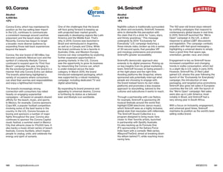 140 141bestglobalbrands.com #BGB2015
Corona Extra, which has maintained its
position as the top-selling beer import
in the U.S., continues to communicate
a consistent message around carefree
enjoyment and the beach state of mind.
Recently, Corona has begun to target
a broader, more diverse audience by
expanding those laid-back experiences
beyond the beach.
Corona, the star brand of AB InBev, has
become a patriotic Mexican icon and the
symbol of a leisurely lifestyle. Corona
continued to expand upon its “Find Your
Beach” campaign this year, bringing to
life the emotional benefit of the brand in a
manner that only Corona Extra can deliver.
The brand’s advertising highlighted a
variety of occasions where consumers
can shed their worries and responsibilities
and enjoy a lighthearted moment.
The brand’s increasingly strong
connection with consumers has relied
heavily on engaging experiential
campaigns—all based on people’s shared
affinity for the beach, music, and sports.
In Mexico, for example, Corona sponsors
Copa MX, a popular football competition
involving some of the best teams in the
country. In the U.S., Corona focuses on
boxing and sponsors a number of major
fights throughout the year. Corona also
continues to sponsor the Corona Capital
music festival, a summer event in Mexico
City that attracts close to 170,000 fans. It
also backs a music-driven series of beach
festivals, Corona SunSets, which inspire
people to unplug, unite, and celebrate the
energy and spirit of sunsets.
One of the challenges that the brand
will face going forward is keeping up
with projected beer market growth,
especially in developing regions like Latin
America and the Middle East. That’s
why, in 2014, Corona was launched in
Brazil and reintroduced in Argentina,
as well as in Canada and China. While
the brand continues to be a favorite in
Australia, Chile, and Western Europe,
Corona can stay competitive by exploring
further expansion opportunities in
growing markets. In the U.S., Corona
saw the opportunity to grow its business
by relaunching the Corona can, which
is under-indexed versus the beer
category. In March 2015, the brand
introduced redesigned packaging, which
was supported by a robust marketing
campaign, including dedicated TV and
digital advertising.
By expanding its brand presence and
appealing to universal desires, Corona
is furthering its status as a beloved
beer and lifestyle icon worldwide.
Nightlife culture is traditionally surrounded
by allure and exclusivity. Smirnoff, however,
aims to dismantle this perception with
the claim that it’s a drink for “czars, stars,
and thirsty grandmas.” This message
undergirds its 2014 “Exclusively for
Everybody” U.S. campaign featuring a
three-minute video, broken up into a series
of 30-second spots, that parodies VIP
and mixology pretensions and promotes
Smirnoff’s greater accessibility.
Smirnoff’s democratic approach also
extends to its digital presence. Picking up
on key insights from its global marketing
team, Smirnoff focuses on being present—
at the right place and the right time.
Avoiding platforms like Snapchat, where
sponsored ads potentially interrupt what
people are choosing to engage with,
the brand instead favors its own video
platforms and promotes a less invasive
approach to storytelling, tailored to the
cultures and subcultures it wants to reach.
Through a partnership with Live Nation,
for example, Smirnoff is sponsoring 26
musical festivals around the world that
highlight EDM (electronic dance music),
which Smirnoff sees as a highly inclusive,
global style that resonates with millennials.
The Smirnoff Sound Collective is a
program designed to bring music fans
closer to their favorite artists, launched
in partnership with Spotify Australia.
It’s also backing up its Formula One
(F1) sponsorship of the Sahara Force
India team with a comedic Web series,
#BeyondTheGrid, aimed at breaking down
the elitism behind F1, while reaching more
racing fans.
The 150-year-old brand stays relevant
by crafting campaigns that respond to
contemporary global issues in real time.
In 2015, Smirnoff launched the “We’re
Open” campaign in the U.K., a direct
response to global LGBT discussions
and legislation. The campaign combats
prejudice with feel-good messaging—
highlighting a universal desire to simply
have a good time that spans age,
orientation, gender, race, and creed.
Engagement is key as Smirnoff faces
increased competition and changing
trends in vodka consumption, which led
to a slight dip in U.S. sales in early 2015.
However, Smirnoff No. 21 Red Label
gained U.S. shares this year following the
launch of the “Exclusively for Everybody”
campaign, the introduction of new
packaging, and targeted price promotions.
Smirnoff also grew net sales in European
countries like the U.K. with the launch of
the “We’re Open” campaign. Net sales
were also up in Latin America, most
notably in Brazil, and Smirnoff had a
very strong year in South Africa.
With a focus on inclusivity, engagement,
and universal good times, Smirnoff
maintains its position as the world’s best-
selling vodka brand.
93. Corona
Alcohol
4,456 $m
+2%
94. Smirnoff
Alcohol
4,407 $m
-4%
 