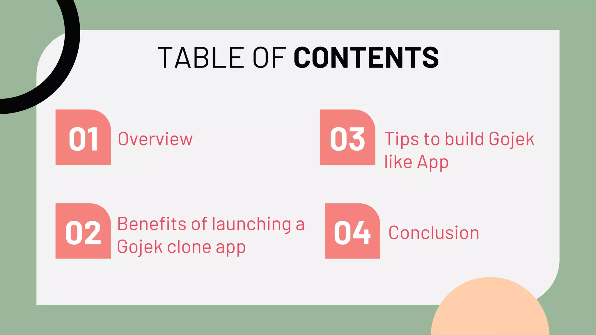 Overview
TABLE OF CONTENTS
01
Benefits of launching a
Gojek clone app
02
Tips to build Gojek
like App
03
Conclusion
04
 