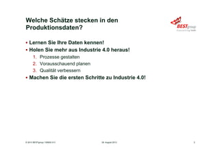 Welche Schätze stecken in den
Produktionsdaten?
§  Lernen Sie Ihre Daten kennen!
§  Holen Sie mehr aus Industrie 4.0 heraus!
1.  Prozesse gestalten
2.  Vorausschauend planen
3.  Qualität verbessern
§  Machen Sie die ersten Schritte zu Industrie 4.0!
29. August 2013© 2013 BESTgroup 130829-313 2
 