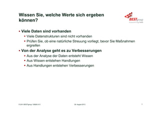 Wissen Sie, welche Werte sich ergeben
können?
§  Viele Daten sind vorhanden
§  Viele Datenstrukturen sind nicht vorhanden
§  Prüfen Sie, ob eine natürliche Streuung vorliegt, bevor Sie Maßnahmen
ergreifen
§  Von der Analyse geht es zu Verbesserungen
§  Aus der Analyse der Daten entsteht Wissen
§  Aus Wissen entstehen Handlungen
§  Aus Handlungen entstehen Verbesserungen
29. August 2013© 2013 BESTgroup 130829-313 7
 