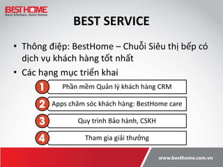 BEST SERVICE
• Thông điệp: BestHome – Chuỗi Siêu thị bếp có
dịch vụ khách hàng tốt nhất
• Các hạng mục triển khai
Phần mềm...