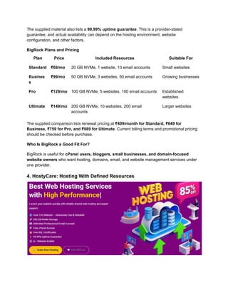The supplied material also lists a 99.99% uptime guarantee. This is a provider-stated
guarantee, and actual availability can depend on the hosting environment, website
configuration, and other factors.
BigRock Plans and Pricing
Plan Price Included Resources Suitable For
Standard ₹69/mo 20 GB NVMe, 1 website, 10 email accounts Small websites
Busines
s
₹99/mo 50 GB NVMe, 3 websites, 50 email accounts Growing businesses
Pro ₹129/mo 100 GB NVMe, 5 websites, 100 email accounts Established
websites
Ultimate ₹149/mo 200 GB NVMe, 10 websites, 200 email
accounts
Larger websites
The supplied comparison lists renewal pricing at ₹409/month for Standard, ₹649 for
Business, ₹759 for Pro, and ₹989 for Ultimate. Current billing terms and promotional pricing
should be checked before purchase.
Who Is BigRock a Good Fit For?
BigRock is useful for cPanel users, bloggers, small businesses, and domain-focused
website owners who want hosting, domains, email, and website management services under
one provider.
4. HostyCare: Hosting With Defined Resources
 