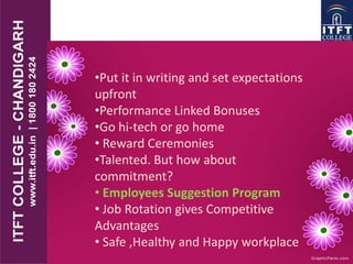 •Put it in writing and set expectations
upfront
•Performance Linked Bonuses
•Go hi-tech or go home
• Reward Ceremonies
•Talented. But how about
commitment?
• Employees Suggestion Program
• Job Rotation gives Competitive
Advantages
• Safe ,Healthy and Happy workplace
 
