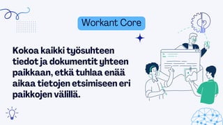 Workant Core
Kokoa kaikki työsuhteen
tiedot ja dokumentit yhteen
paikkaan, etkä tuhlaa enää
aikaa tietojen etsimiseen eri
...