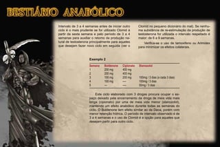 Intervalo de 3 a 4 semanas antes de iniciar outro
ciclo é o mais prudente se for utilizado Clomid à
partir da sexta semana e pelo período de 3 a 4
semanas para auxiliar o retorno da produção na-
tural de testosterona principalmente para aqueles
que desejam fazer novo ciclo em seguida (ver o
Clomid no pequeno dicionário do mal). Se nenhu-
ma substância de re-estimulação da produção de
testosterona for utilizada o intervalo respeitado é
maior: de 6 a 9 semanas.
Veriﬁca-se o uso de tamoxifeno ou Arimidex
para minimizar os efeitos colaterais.
Exemplo 2
Semana Boldenone Cipionato Stanozolol
1 200 mg 400 mg
2 200 mg 400 mg
3 100 mg 200 mg 100mg / 3 dias (a cada 3 dias)
4 100 mg ---- 100mg / 3 dias
5 --- ---- 50mg / 3 dias
Este ciclo elaborado com 3 drogas procura ocupar o es-
paço deixado pela encerramento da droga de meia vida mais
longa (cipionato) por uma de meia vida menor (stanozolol),
mantendo um efeito anabólico durante todas as semanas do
ciclo. O Boldenone tem efeito similar ao da Deca, porém com
menor retenção hídrica. O período de intervalo observado é de
3 a 4 semanas e o uso de Clomid é a opção para aqueles que
desejam partir para outro ciclo.
 