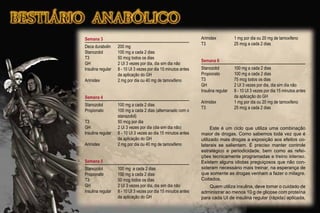 Semana 3
Deca durabolin 200 mg
Stanozolol 100 mg a cada 2 dias
T3 50 mcg todos os dias
GH 2 UI 3 vezes por dia, dia sim dia não
Insulina regular 8 - 10 UI 3 vezes por dia 15 minutos antes
da aplicação do GH
Arimidex 2 mg por dia ou 40 mg de tamoxifeno
Semana 4
Stanozolol 100 mg a cada 2 dias
Propionato 100 mg a cada 2 dias (alternanado com o
stanazolol)
T3 50 mcg por dia
GH 2 Ui 3 vezes por dia (dia sim dia não)
Insulina regular 8 - 10 UI 3 vezes ao dia 15 minutos antes
da aplicação do GH
Arimidex 2 mg por dia ou 40 mg de tamoxifeno
Semana 5
Stanozolol 100 mg a cada 2 dias
Propionato 100 mg a cada 2 dias
T3 50 mcg todos os dias
GH 2 UI 3 vezes por dia, dia sim dia não
Insulina regular 8 - 10 UI 3 vezes por dia 15 minutos antes
da aplicação do GH
Arimidex 1 mg por dia ou 20 mg de tamoxifeno
T3 25 mcg a cada 2 dias
Semana 6
Stanozolol 100 mg a cada 2 dias
Propionato 100 mg a cada 2 dias
T3 75 mcg todos os dias
GH 2 UI 3 vezes por dia, dia sim dia não
Insulina regular 8 - 10 UI 3 vezes por dia 15 minutos antes
da aplicação do GH
Arimidex 1 mg por dia ou 20 mg de tamoxifeno
T3 25 mcg a cada 2 dias
Este é um ciclo que utiliza uma combinação
maior de drogas. Como sabemos toda vez que é
utilizado mais drogas a exposição aos efeitos co-
laterais se salientam. É preciso manter controle
estratégico e periodicidade, bem como as refei-
ções tecnicamente programadas e treino intenso.
Existem alguns idiotas preguiçosos que não con-
sideram necessário mais treinar, na esperança de
que somente as drogas venham a fazer o milagre.
Coitados.
Quem utiliza insulina, deve tomar o cuidado de
administrar ao menos 10 g de glicose com proteína
para cada UI de insulina regular (rápida) aplicada,
 
